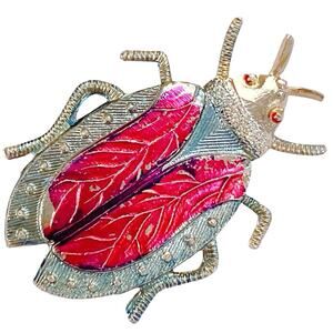 Vintage 1960s Hong Kong Beetle Brooch Red Enamel Gold Tone Insect Whimsical Pin